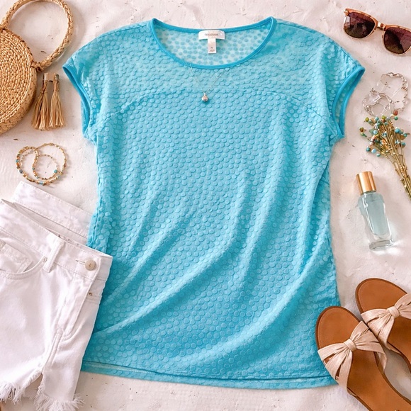 dressbarn Tops - Dressbarn Aqua Polka Dot Textured Blouse XL Sheer Layered Top Casual Work